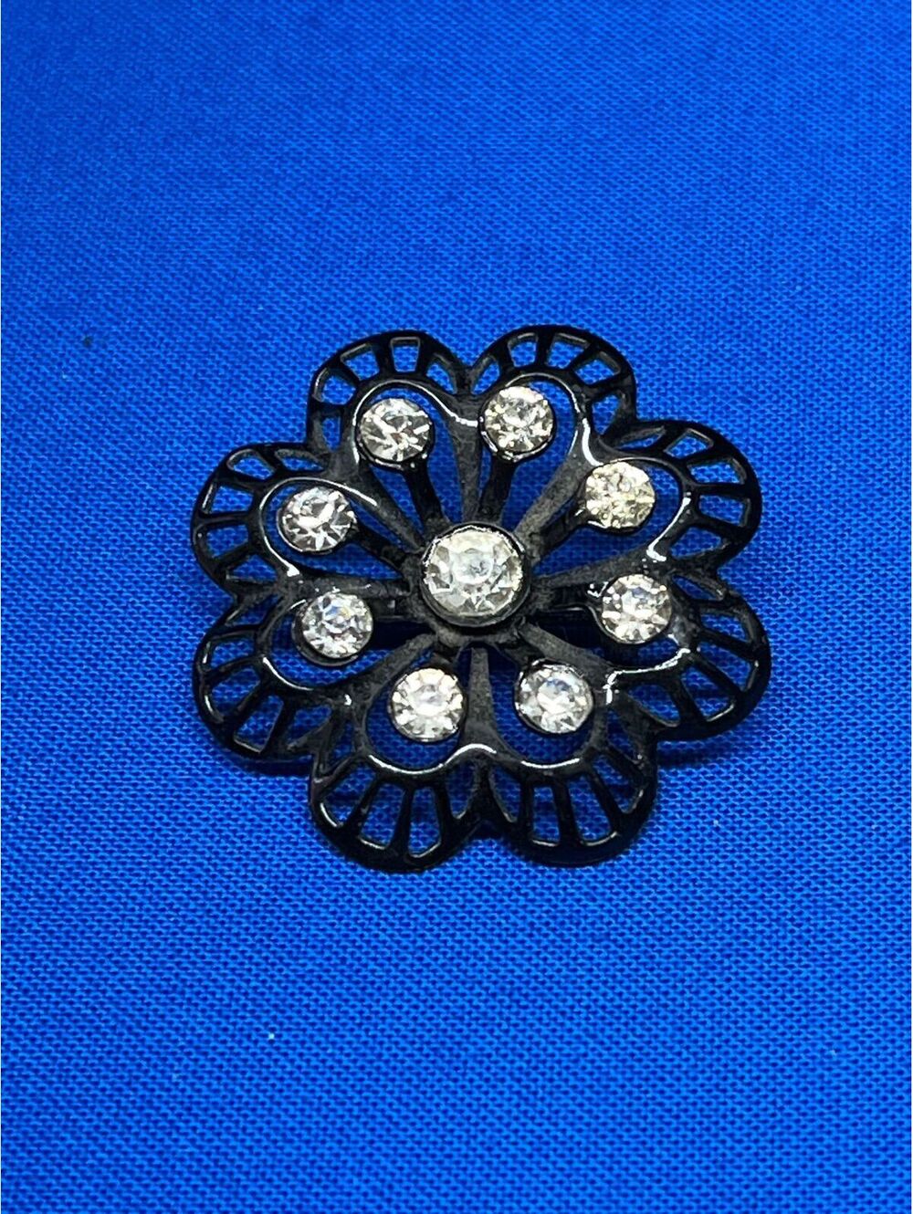 #47 Vintage Black Enamel Rhinestone Brooch Lace Filigree Flower